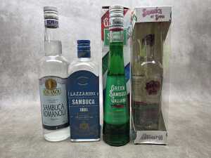 Mixed sambuca liqueurs, four bottles