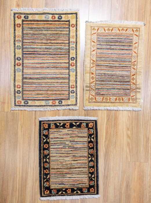 Set of three Afghan Chobi Stripi handmade wool rug - 70 x 52cm