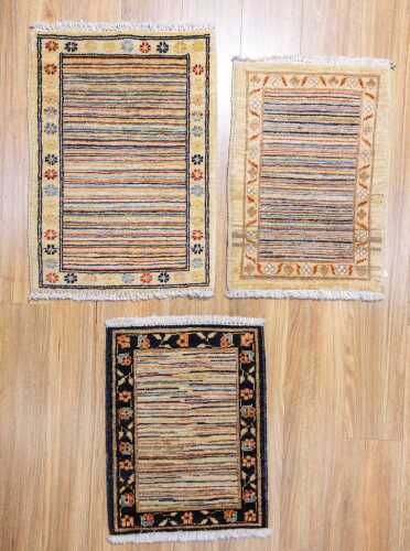 Set of three Afghan Chobi Stripi handmade wool rug - 70 x 52cm