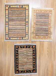 Set of three Afghan Chobi Stripi handmade wool rug - 70 x 52cm