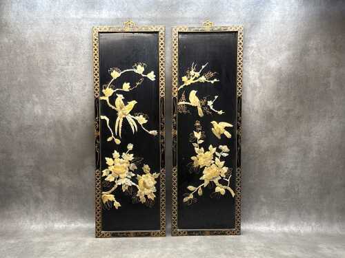 Pair of vintage Chinese black lacquer wall panels