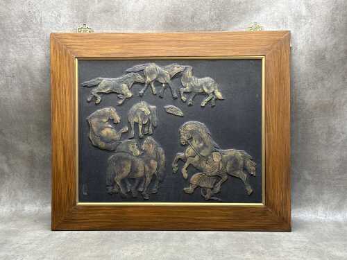 Chinese artwork of Mongolian horses, pressed paper on board