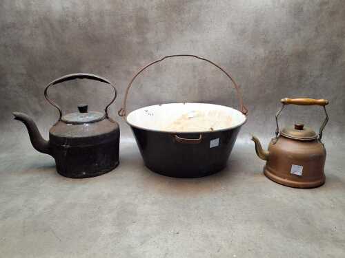 Metal kitchenware, including copper kettle