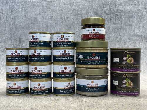 Group of canned French food products