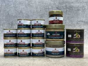 Group of canned French food products