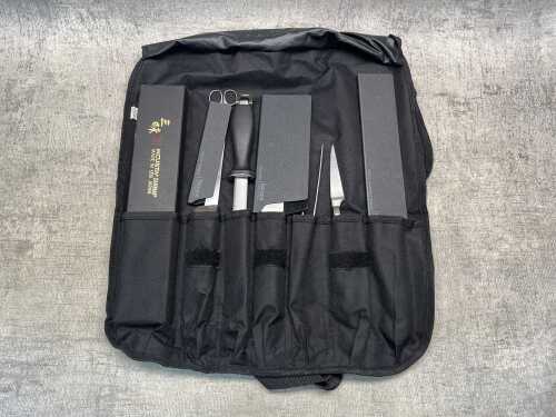 Group of kitchen knives & knife bag