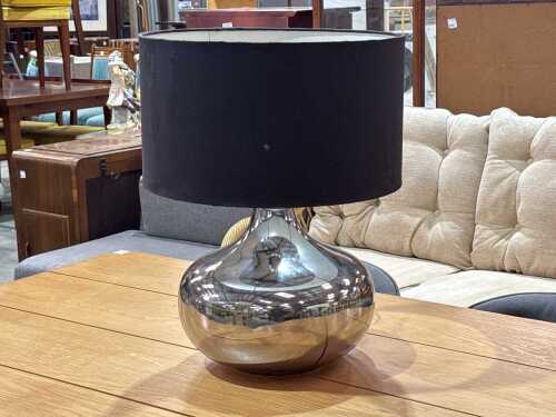 Glass table lamp with black shade and chrome look finish