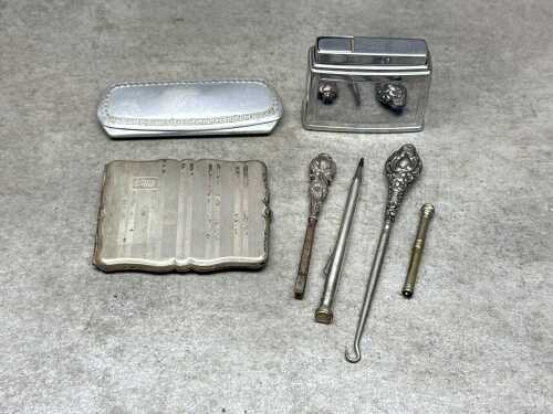 Items, mostly silver-plated, including Fisher table lighter