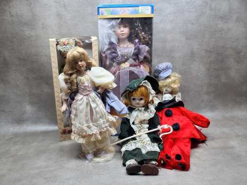 Six porcelain collector dolls, some boxed
