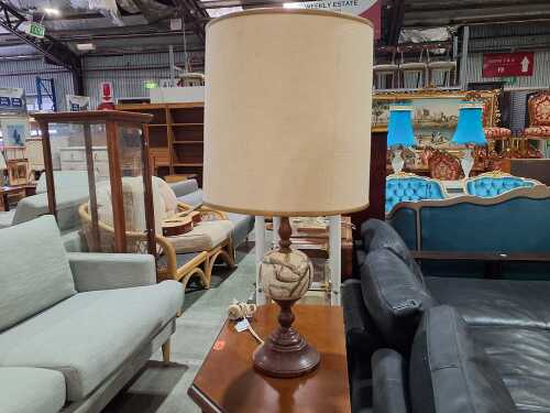 Mid-century table lamp with crackle glazed ceramic ball and teak stem
