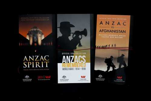 Three sets of UNC ANZAC 15-coin collections