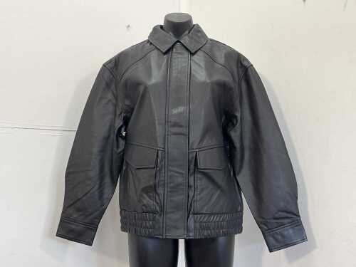 Seed Heritage Leather Bomber Jacket in black, size 8