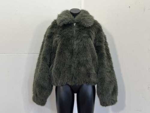 Ena Pelly Daphne Faux Fur Bomber in Olive, size AU 8