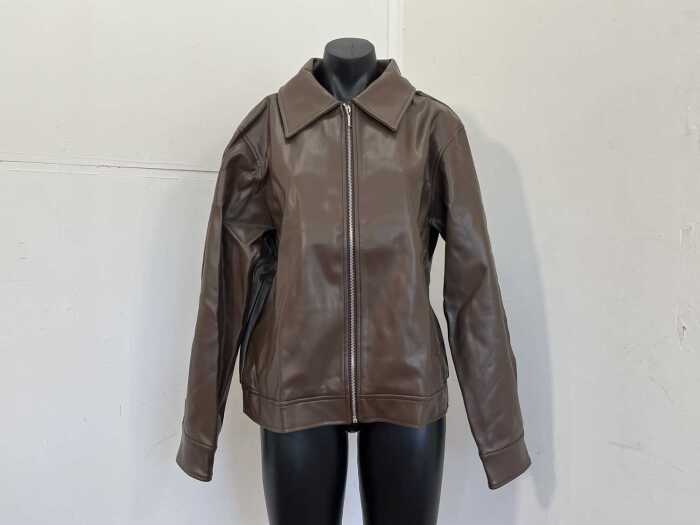 Atmos&Here Renna Faux Leather Bomber Jacket in Chocolate, size 14
