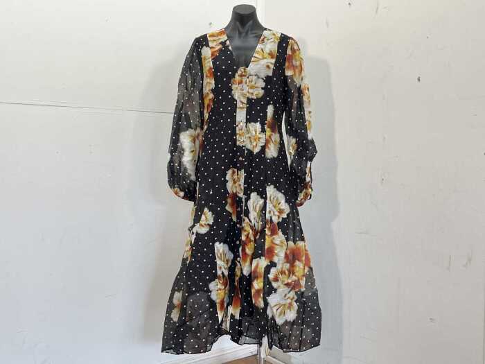 Veronika Maine Spot Floral Linen Silk Midi Dress, size 10
