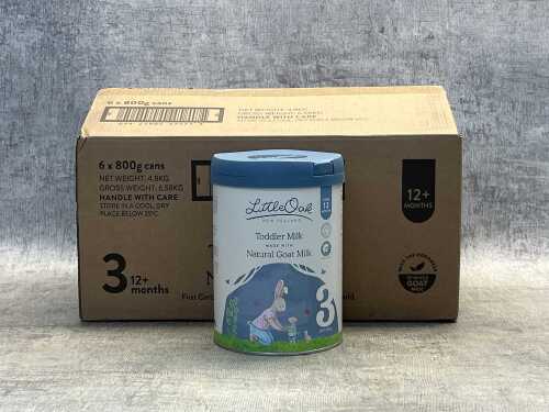 Six cans of Little Oak Goat Milk Toddler Formula