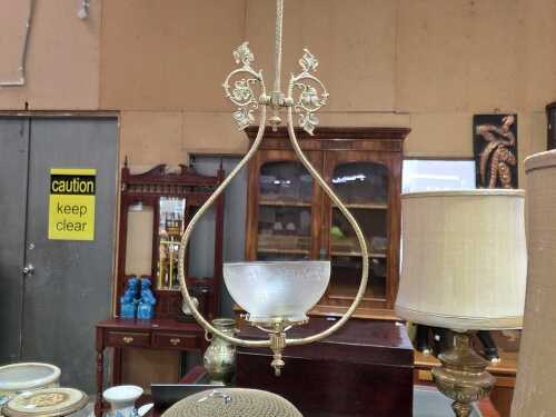 Glass and brass harp shaped ceiling pendant