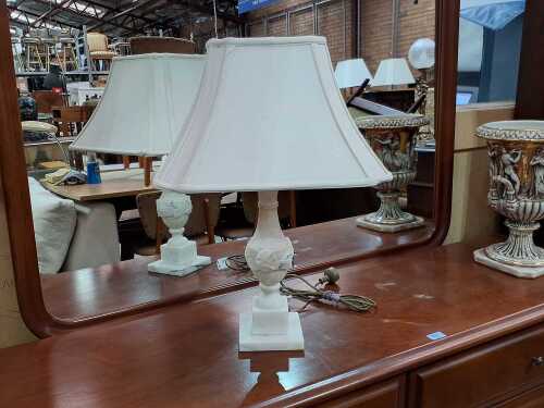 Carved marble urn-form table lamp with cream fabric shade