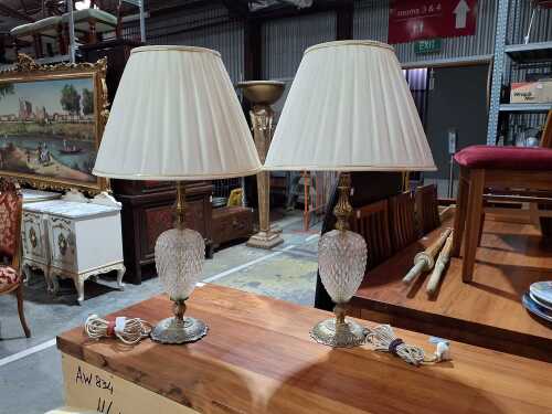 Pair of ornate lamps with cream shade and glass bases