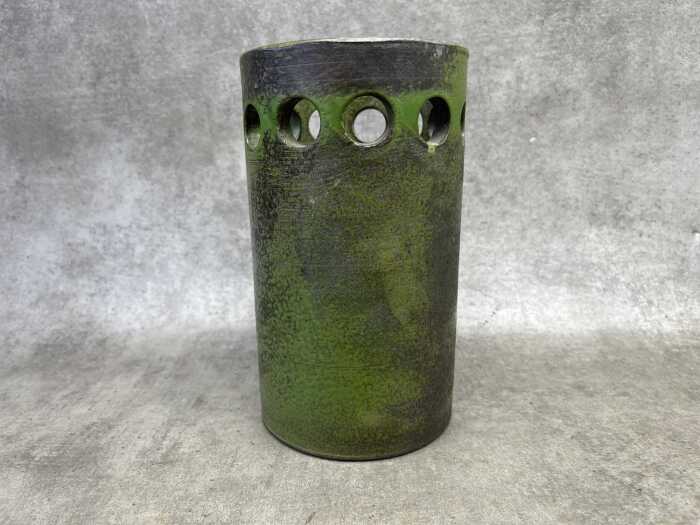A Bitossi mid-century Estruscan decor ceramic cylinder vase in mottled green.
