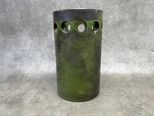 A Bitossi mid-century Estruscan decor ceramic cylinder vase in mottled green.