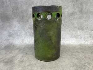 A Bitossi mid-century Estruscan decor ceramic cylinder vase in mottled green.