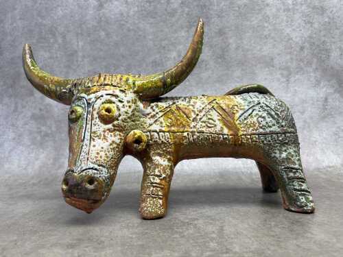 Claudio Pulli, mid-century ceramic bull figure with incised decoration