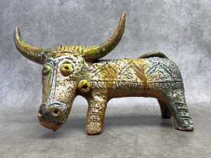 Claudio Pulli, mid-century ceramic bull figure with incised decoration