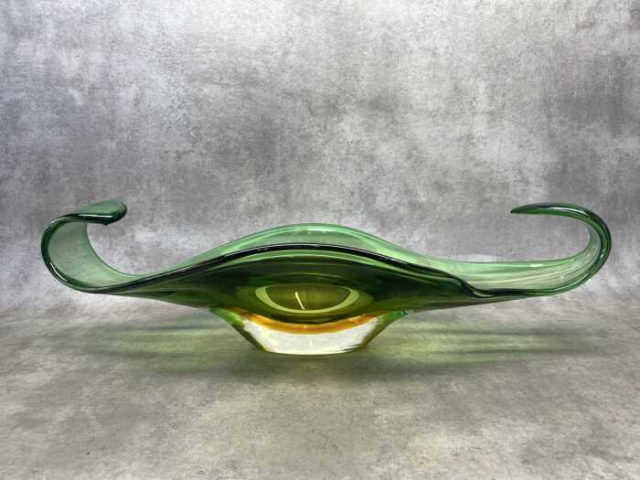 A Murano sommerso organic shaped art glass table centerpiece bowl in green and gold