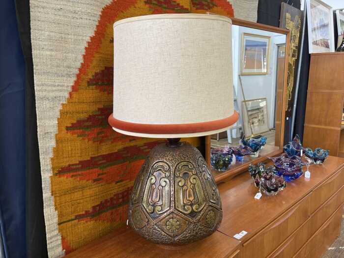 A large Brutalist metallic glazed ceramic table lamp