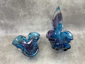 Two Mid-century art glass bowls in blue and purple - 2