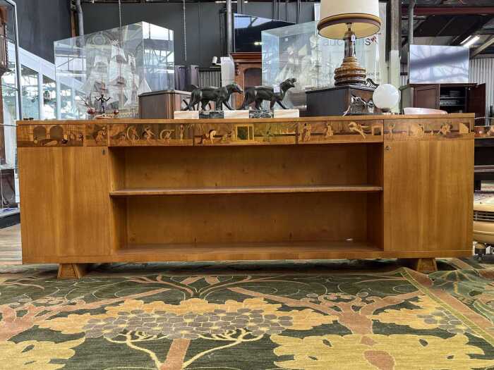 Mj&ouml;lby Intarsia, Swedish Modern 'Arabian Nights' low bookcase/sideboard, 1930s/40s