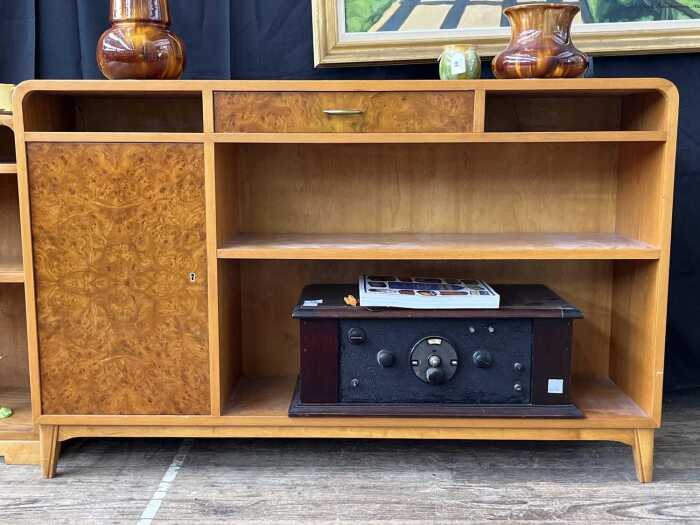 Scandinavian Art Deco ash and burr maple low bookshelf/cabinet, 1940s