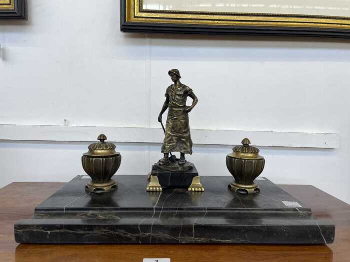 Large antique inkwell with cast figure after Victor Heinrich Seifert