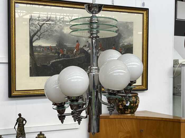 Art Deco chrome six-arm pendant light