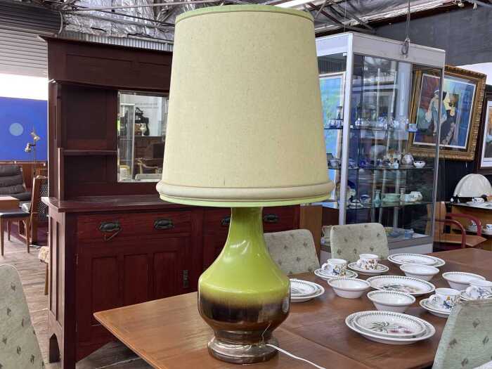 Mid-century green and brown glazed ceramic table lamp with matching shade