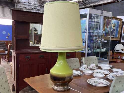 Mid-century green and brown glazed ceramic table lamp with matching shade