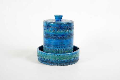 A Bitossi blue Rimini decor mid-century ceramic lidded jar together with a round ashtray.