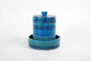 A Bitossi blue Rimini decor mid-century ceramic lidded jar together with a round ashtray.