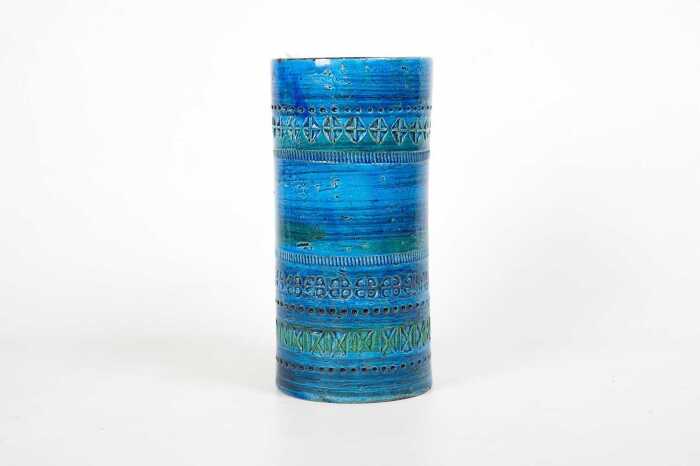 A Bitossi mid-century ceramic cylinder vase in Rimini blue decor