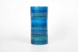 A Bitossi mid-century ceramic cylinder vase in Rimini blue decor