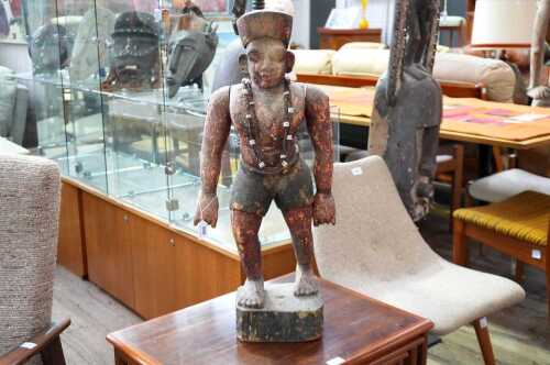 Antique Khmer watchman carved timber tribal statue