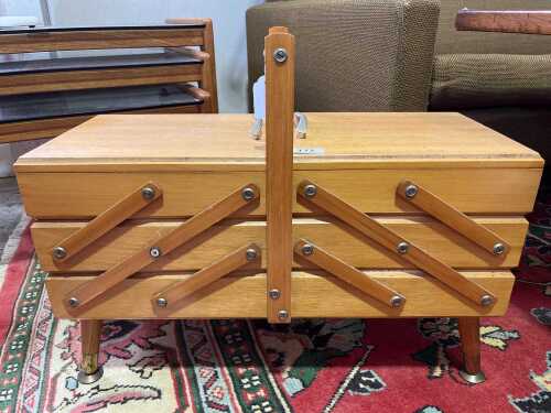 Mid-century timber cantilever sewing box with tapered legs