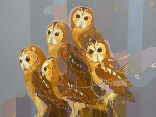 Lars Knudsen (1931-), Tawny Owls, 1987. Acrylic on board.