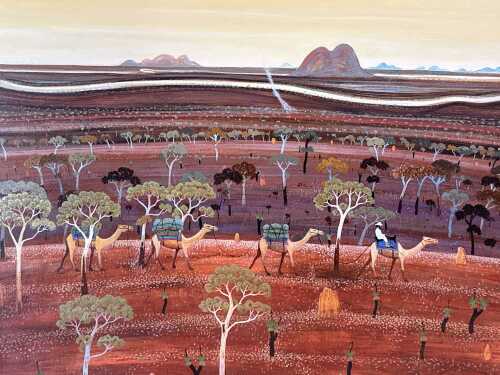 Greg Adams, Camel train through the Australian desert, 1993. Oil painting on canvas