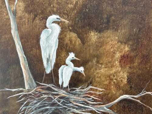 Joan Sawyer, High In The Trees (Egrets). Oil painting on board