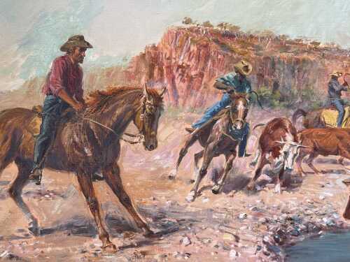 Frank Pash (1920-1990), Drovers, 1973. Oil painting on board