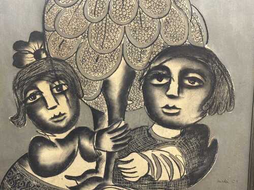 Mirka Mora (1928-2018), children and bird figure, 1969. Charcoal and silver paint on paper.