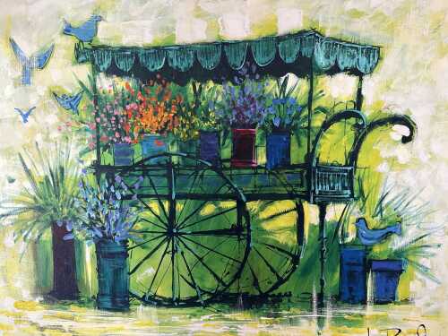 Lee Reynolds, flower cart. Oil painting on canvas