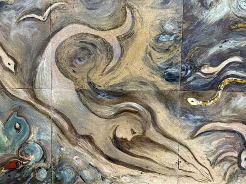 Lucy Boyd Beck (1916-2009), mermaid with sea creatures. Six framed painted and glazed tiles